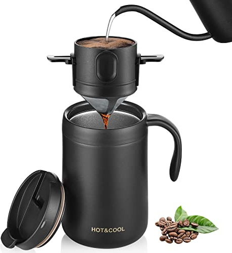 TEBICOO 16oz Camping Coffee Maker Pour Over Coffee Maker Set with Stainless Steel Coffee Mug + Collapsible Pour Over Coffee Filter - for Travel Camping Offices Backpacking