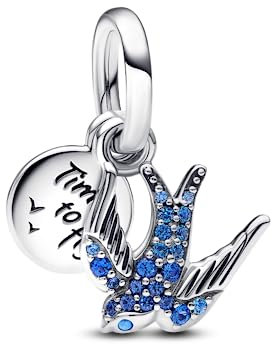 PANDORA Funkelnde Schwalbe & Spruch Doppelter Charm-Anhänger aus Sterling-Silber mit Cubic Zirkonia in der Farbe Silber-Blau, PANDORA Moments Kollektion, 792570C01