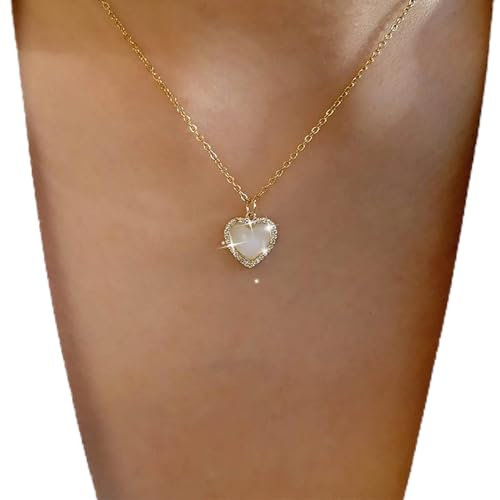 TseenYi Corazón Collar Colgante De Ópalo Piedra De Luna Collar Colgante De Corazón Vintage Corazón Collar De Ópalo De Oro Corazón De Cristal Piedra De Luna Collar De Corazón Amor