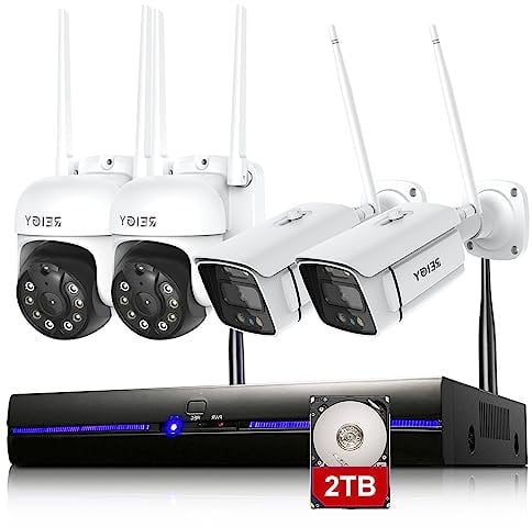 REIGY 5MP WLAN Überwachungskamera Set Aussen mit 2TB Festplatte, 10CH Funk NVR+2X PT Kamera+2 Bullet-Kamera Videoüberwachungs Outdoor, Bewegungserkennung Überwachungssystem