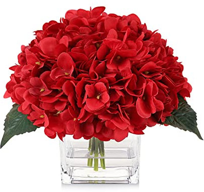 JOJOWOO Künstliche Hortensien Blumen in Vase, Seidenblumen in Vase mit künstlichem Wasser für Heimdekoration im Innenbereich (rot)