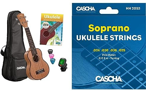 Cascha Sopran Ukulele Set für Kinder und Erwachsene I Starter Kit Mit 3 Plektren, Tasche, Deutschem Lehrbuch, Stimmgerät & Premium-Nylon-Saiten