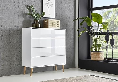 moebel-dich-auf Schubkastenkommode Ben 3 mit Holzfüßen Sideboard Kommode (weiß/weiß Hochglanz)
