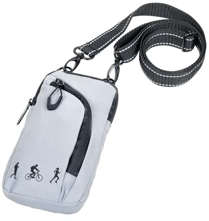 TROIKA Handy Umhängetasche für Sport/Freizeit mit 2 Fächern, stark reflektierend – REFLACTIVE SMARTBAG – für Smartphones, In-Ear-Kopfhörer, Schlüssel, Karten – Polyester – grau Original