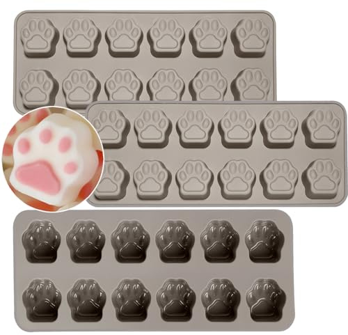 Sinsanye 3 Stück Silikonform Hundeleckerl, 12 Mulden Silikonform Pfote Lebensmittelqualität Wiederverwendbare, Hund Katze Pfote Backform für Schokolade, Süßigkeiten, Gelee, Eiswürfel, Hundeleckerli