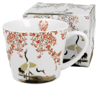 DUO ART GALLERY Gerader Becher 610 ml SAKURA & CRANES New Bone China Porzellan