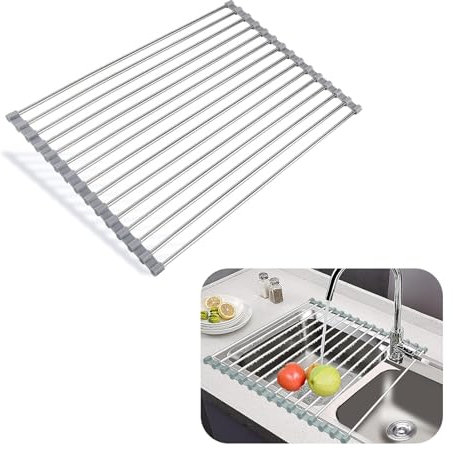 FAINCA 32 × 30 CM Escurreplatos sobre Fregadero, Escurridor Enrollable, Escurridor, Platos para Fregadero, Escurreplatos Plegable Lnoxidable, Escurridor Ahorra Espacio, para Secar Tazas Plato