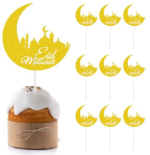 CHEERYMAGIC Eid Mubarak Cupcake Toppers, 10PCS Gold Glitter Eid Cake Toppers, Moon Castle Muslim Ramadan Cupcake Topper Eid Baking Decorations for Eid Party Islam Cake Decorations A9YLGBCP
