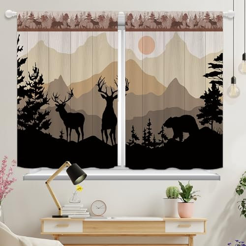 Yorida Tende da cucina rustiche in legno con renna e renna, stile rustico, con orso, piccole tende corte in legno, stile retrò, tende da bagno per finestre, 66 x 91 cm, 2 pannelli