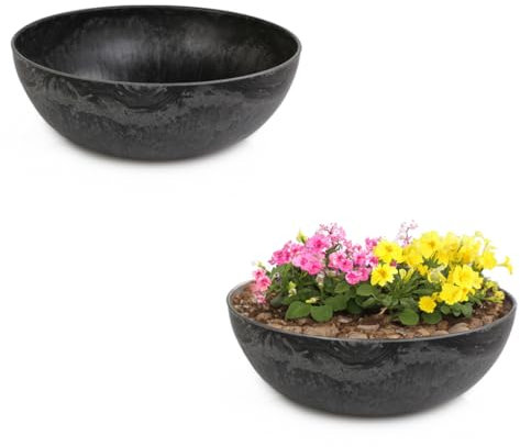 Matches21 - Macetas para exteriores (2 cuencos decorativos grandes de color negro mármol, 37 cm, para jardín, para pájaros, balcón o cementerio)