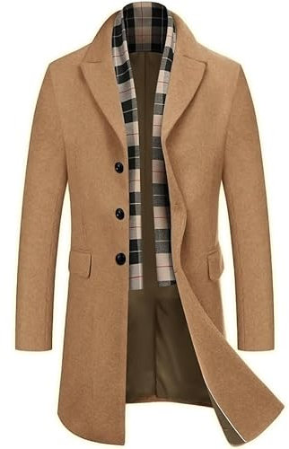 COOFANDY Mantel Herren Lang Wintermantel Winterjacke Trenchcoat Windjacke Reversjacke Herrenmantel mit Abnehmbaren Karierten Schals Männer Warmer Wollmantel Dunkler Kaffee L