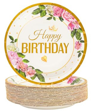 AHPYEUHK 50 PCS Assiette Jetable Anniversaire 17,8cm Assiettes en Carton Papier Party Dessert Vaisselle Jetable (anniversaire rose)