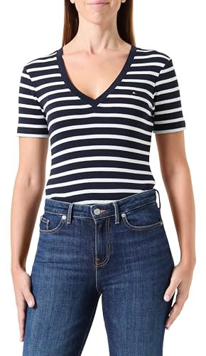 Tommy Hilfiger Camiseta de Manga Corta para Mujer New Slim Cody V-Neck con Cuello de Pico, Multicolor (Nos Breton Desert Sky/Ecru), XXS