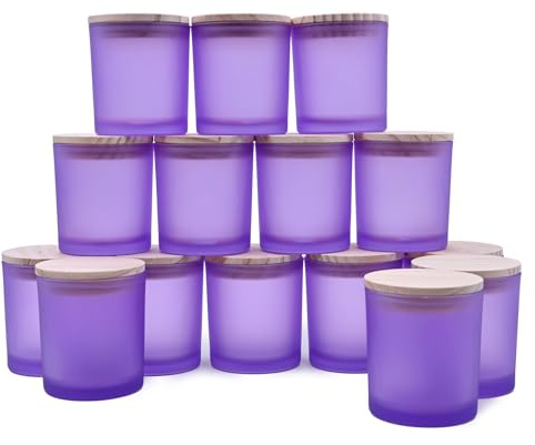 SHOWIN Tarros de vela gruesos de 8 onzas para hacer velas, 15 unidades, tarros vacíos con tapas de madera para hacer velas, recipiente de muestra, morado esmerilado