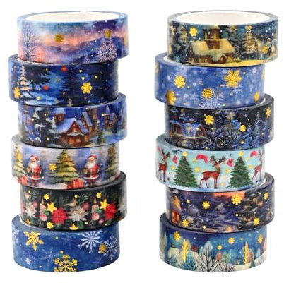Washi Tape Set 12 Rolls Weihnachten Schwarz Washi Masking Tape Dekorative Klebeband für Scrapbooking DIY Handwerk Bastler verschönert Journals Planer Karten Geschenkverpackung Bänder Hochzeit (Blau)