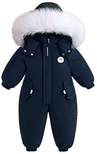 Enfant Habit de Neige Barboteuse Garçons Combinaison de Ski Hiver Chaud Neige Toison Veste Étanche Amovible Col de Fourrure Coupe-Vent Tenues Bleu 3-4 Ans