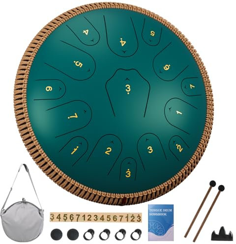 Steel Tongue Drum - 14 Zoll 15 Noten Zungentrommel für Erwachsene - Hand Pan Drum mit Notenbuch, Handpan Drum Schlägel und Tragetasche, C-Dur (Grün)