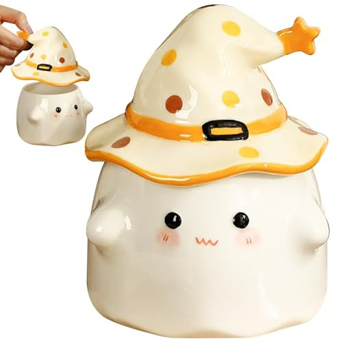 Tazza fantasma di Halloween Tazza da caffè fantasma carina con coperchio e manico per cappello da strega Tazza fantasma in ceramica Tazze di Halloween per decorazioni per casa e ufficio Regalo di inau