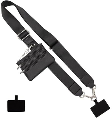 Long Keeper Handy Gurt mit Reißverschluss Brieftasche Verstellbare Crossbody Universal Handy Lanyards Anti Diebstahl Handykette Breites Ersatz Taschen Gurt (Schwarz)