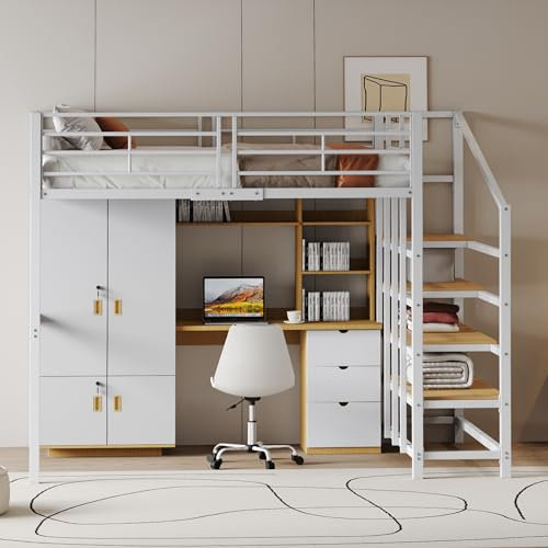 Zravenna Etagenbett Hochbett 140 x 200 cm, Rausfallschutz Kinderbett, Metallbett mit Stabile Konstruktion, Stauraum unter dem Treppe, für Kinder und Erwachsene, Weiß