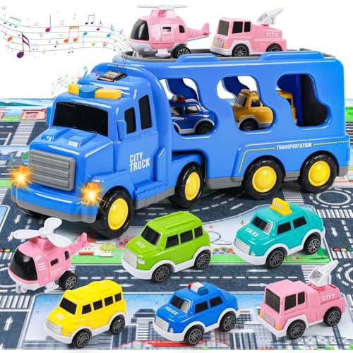deAO Kleinkind LKW Spielzeug für 3 4 5 6 Jahre, 7 IN1 Träger LKW Transport Stadtfahrzeuge mit 6 Mini-Autos und 1 Karte, Licht & Musik, Kleinkinder Reibung Power Set