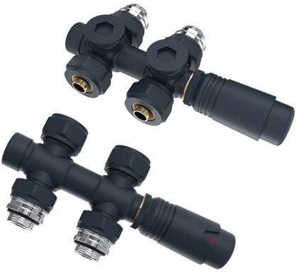 S'AFIELINA Ventil-Armaturen Set Multiblock Ventilhahnblock mit Thermostat für Heizkörper Handtuchheizkörper Anschlussarmatur Universal 50mm für Eck- und Durchgangsform, Anthrazit (15mm+16mm, 2Stück)