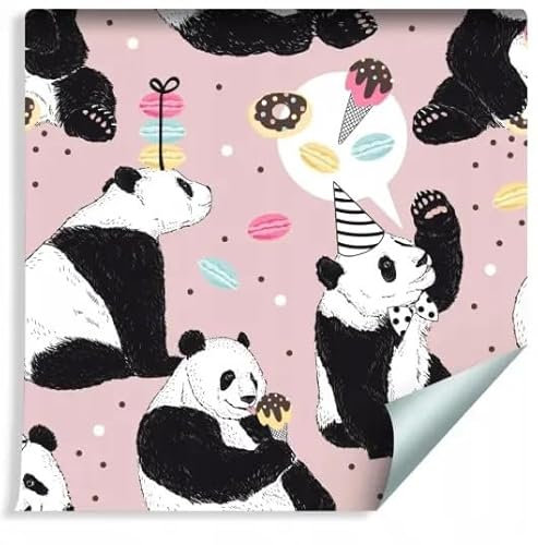 Papier Peint Décoratif Pandas & Bonbons, Fond Rose, Macarons et Crème Glacée Motif