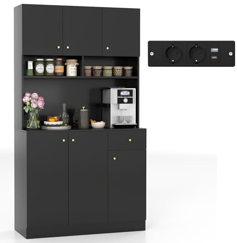 COSTWAY Buffet de Cuisine, Meuble de Cuisine avec Prises, 4 Placards, Grand Tiroir, Station de Recharge, Vaisselier, Armoire pour Salon, Salle à Manger, 100x40x181CM(Noir)