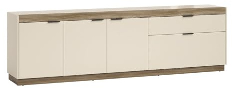 Generisch TV Lowboard - 228 x 69 cm - 2 Türen - 1 Klappe - 1 Schublade - Praline Elm Dekor - Sandgrau