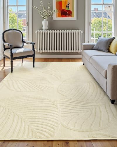DEFYNEE Washable Rugs Living Room Large 150x210cm, Monstera Leaf Design, Soft Short Pile, High-Low Texture, Shedding-Resistant Non-Slip Modern Carpet for Bedroom, Dining – Cream White