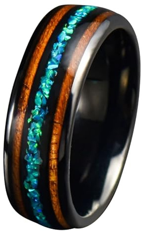 Calefee Herrenringe Schlicht Ehering, Edelstahlringe Damen Verlobungsring Holzring Breit 8 mm mit Opal, Größe 60