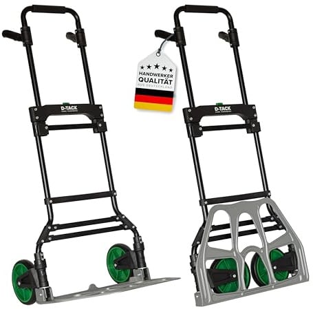 D-TACK Sackkarre aus Aluminium-Stahl | Traglast 150 kg | Teleskopgriff 110 cm | Mit 2 gummiummantelten, einklappbaren Rädern | Klappbare Transportkarre | Hochwertige Handkarre