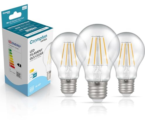 Crompton Lamps Filament GLS LED Light Bulb ES-E27 | 7W = 60W Equivalent | Warm White 2700K | Energy Efficient | Edison Screw Lightbulb | Long Life 10,000-Hrs | Clear Glass | Dimmable | 3-Pack