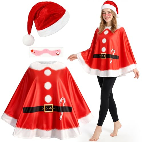3 Pièces Deguisement Noël Femme Homme Adulte, Cape Noël Poncho Serre Tete/Chapeau Tatouage Visage, Costume Lutin/Renne/Père/Bonhomme de Neige, Accessoires Déguisements pour Festival Fête Cosplay