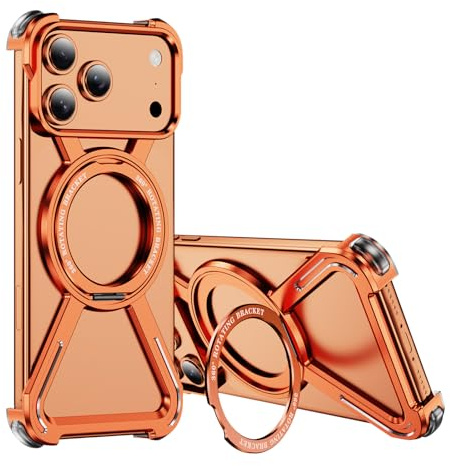 SIYOPINPFY Titanlegierung Magnetische Skelett Hülle für iPhone 18 Pro/ 17 Pro, Kompatibel mit Magsafe, 360°Grad Drehbare Ring Ständer Militärschutz Stoßfeste Handyhülle für iPhone 18 Pro Orange Titan