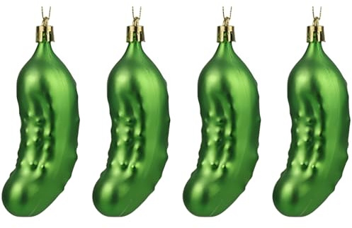 4 Stück Weihnachtsgurken-Ornament, Lustige Grüne Glücksgurke für Weihnachtsbaum, Traditioneller Gurkenanhänger Weihnachts Dekoration, Hängende Gurken-Ornamente mit Schlüsselband