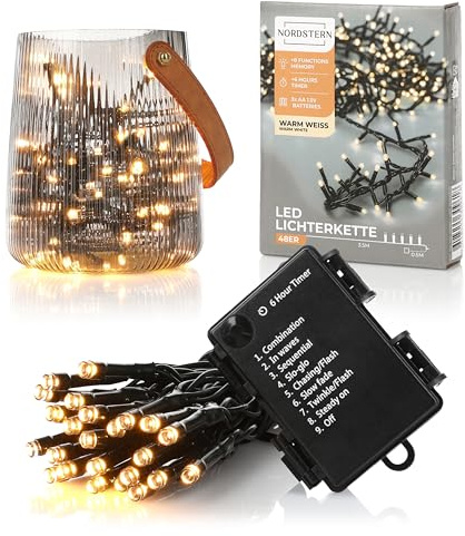 Nordstern LED Lichterkette Warmweiß 48 LEDs - Beleuchtung für Innen & Außen 3,5 m inkl. Timer und 8 Leuchtmodi - Batteriebetriebene Weihnachtsbeleuchtung