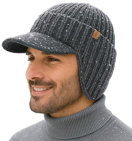 TOP-EX DryKnit™ wasserdichte Merinowolle Schirmmütze Herren, Winter Strickmützen Beanie Hat mit Schirm, Warm Winddicht Wollmütze mit Fleecefutter und Ohrenklappen für Outdoor Running Ski, Grau M/L