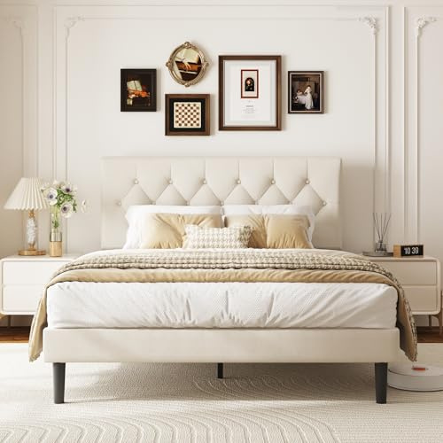 viplov Bett 160 x 200cm Doppelbett, Polsterbett160 x 200 mit Lattenrost, mit Kopfteil Bettgestell,Einfache Montage,modern,Beige
