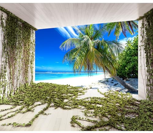 decomonkey Fototapete Strand Meer 3d Effekt 350x256 cm XL Tapete Fototapeten Vlies Tapeten Vliestapete Wandtapete moderne Wandbild Wand Schlafzimmer Wohnzimmer Palmen Natur Pflanzen
