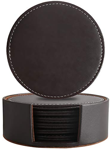 Leather Coasters for Drinks with Holder Set of 6,Coffee Mats Protect Furniture from Hot or Cold Water Marks & Damage, PU Leather Drink Coasters Suitable for Kinds of Mugs and Cups (Round Brown)