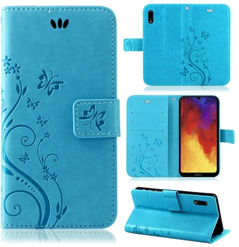 betterfon Hülle Kompatibel mit Huawei Y6 (2019) | Premium PU Leder Handyhülle Wallet Case für Y6 (2019) | Schutzhülle Blumen Klapphülle Handyhülle | Blau