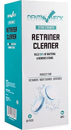 Dental Check Retainer & Denture Cleaning Tablets + Free Denture Case. 3 month Supply, Remove Bad Odors, Plaque, Stains from Dentures, Night Guards, Mouth Guards & Removable Appliances.