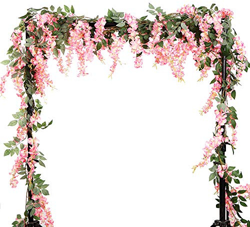 LESHABAYER 5.6 Feet/pcs Artificial Silk Wisteria Vine Rattan Hanging Flower Garland Ivy Plants for Outdoor Wedding Party Home Garden Wall Decoration,Pack of 4 (Pink)