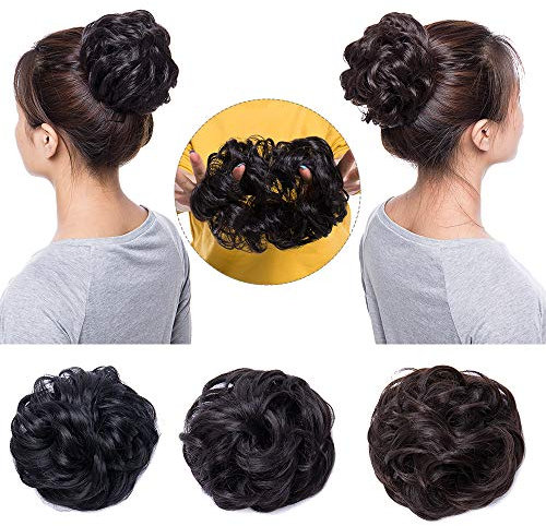Silk-co Haarteil mit Gummiband, Dutt mit Haaren Gewellt Weich Dutt Haarteil mit Gummiband 35 g, Gelockt Haarverdickung Hair Extensions Messy Bun Hochsteckfrisuren Dunkelbraun