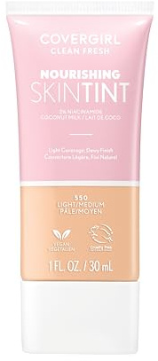 COVERGIRL Clean Fresh Nourishing Skin Tint, 550 Light/Medium, Liquid Foundation, Dewy Finish, Infused with Coconut & Aloe, Vegan Formula
