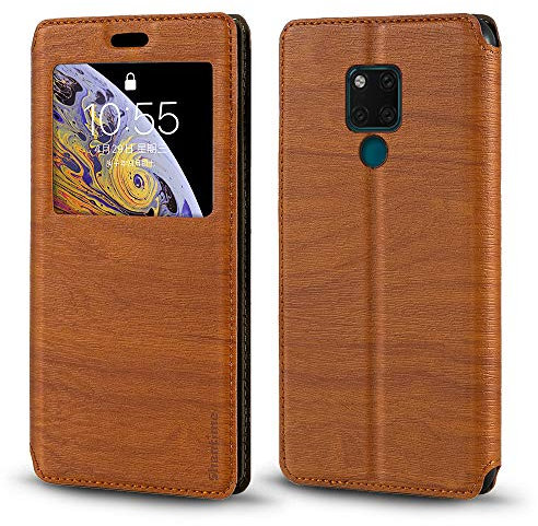 PU Leder Flip Hülle mit Unsichtbarem Magnet und Sichtfenster Kompatibel mit Huawei Mate 20 X, Smarte Klapphülle mit Displaysicht (Braun)