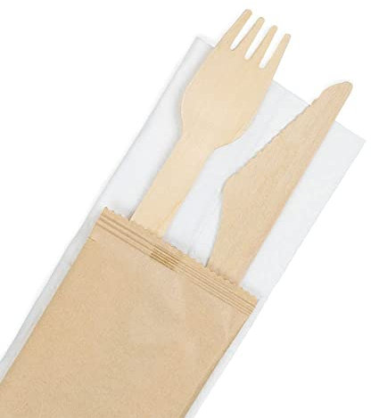 BIOZOYG Holz Besteck Set Messer Gabel 16cm mit Serviette I Imbiss Besteck biologisch abbaubar I Party Holzbesteck pro Set hygienisch verpackt in Kraftpapier I Holz Essbesteck Set Outdoor 100er Pack