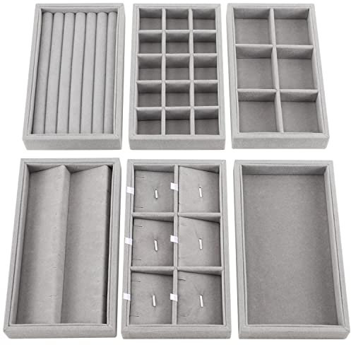 BELLE VOUS 6er Pack Stapelbarer Schmuck Organizer aus Grauem Samt - Schmuckeinsatz für Schubladen in 6 Verschiedenen Designs - Insgesamt 36 Fächer für Ringe, Armbänder, Ohrringe & Ketten Aufbewahrung