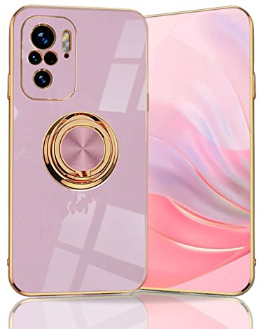 BORYA Hülle für Xiaomi Redmi Note 10 4G/Redmi Note 10S/Poco M5s, Stoßfest Ultra Dünn Handyhülle, TPU Bumper Weiches Silikon Schutzhülle mit Galvanisieren Goldkante 360°Ring Ständer, Violett